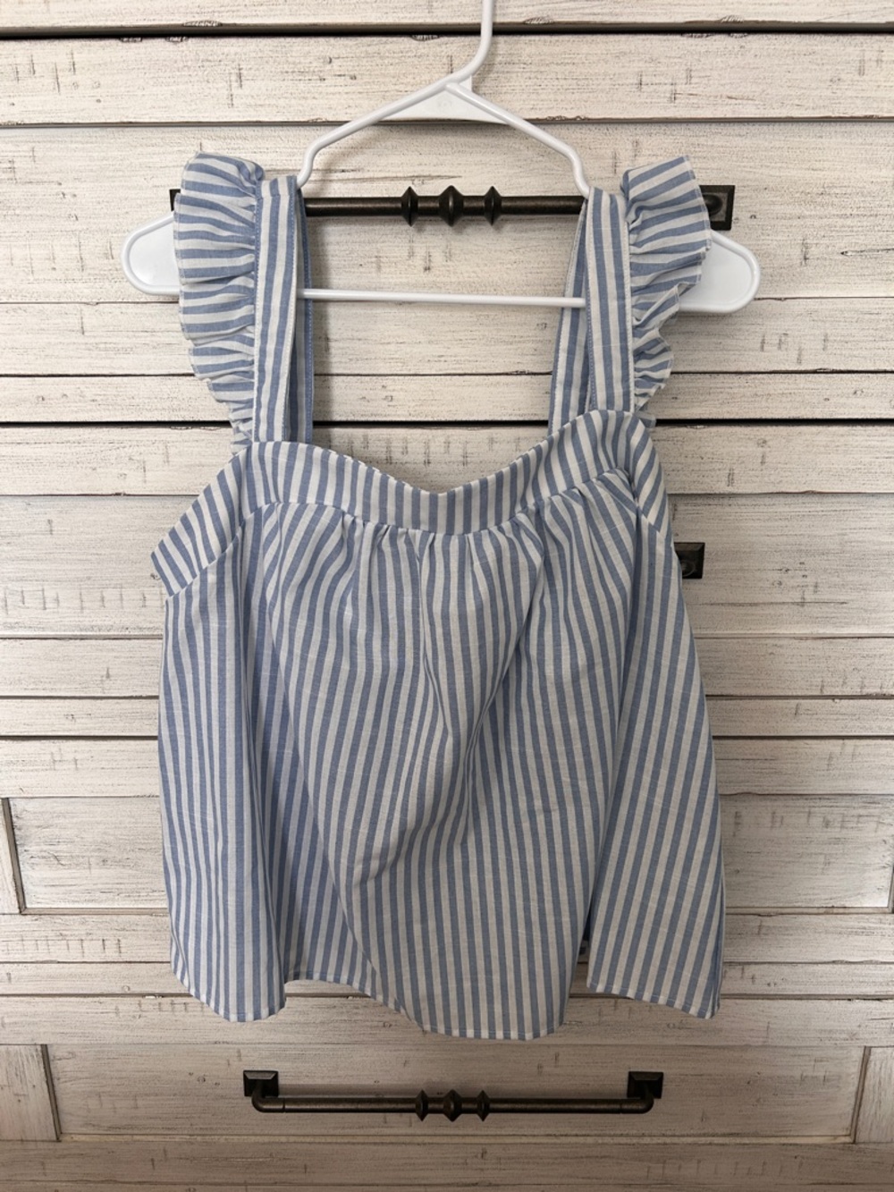 SHEIN Blue and White Vertical Stripe Ruffled Tank